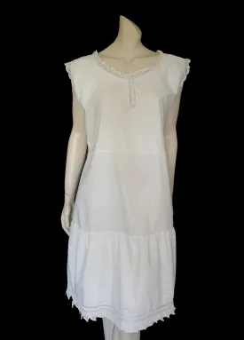 1920s White Cotton Petticoat Dress With Crocheted Edging - L