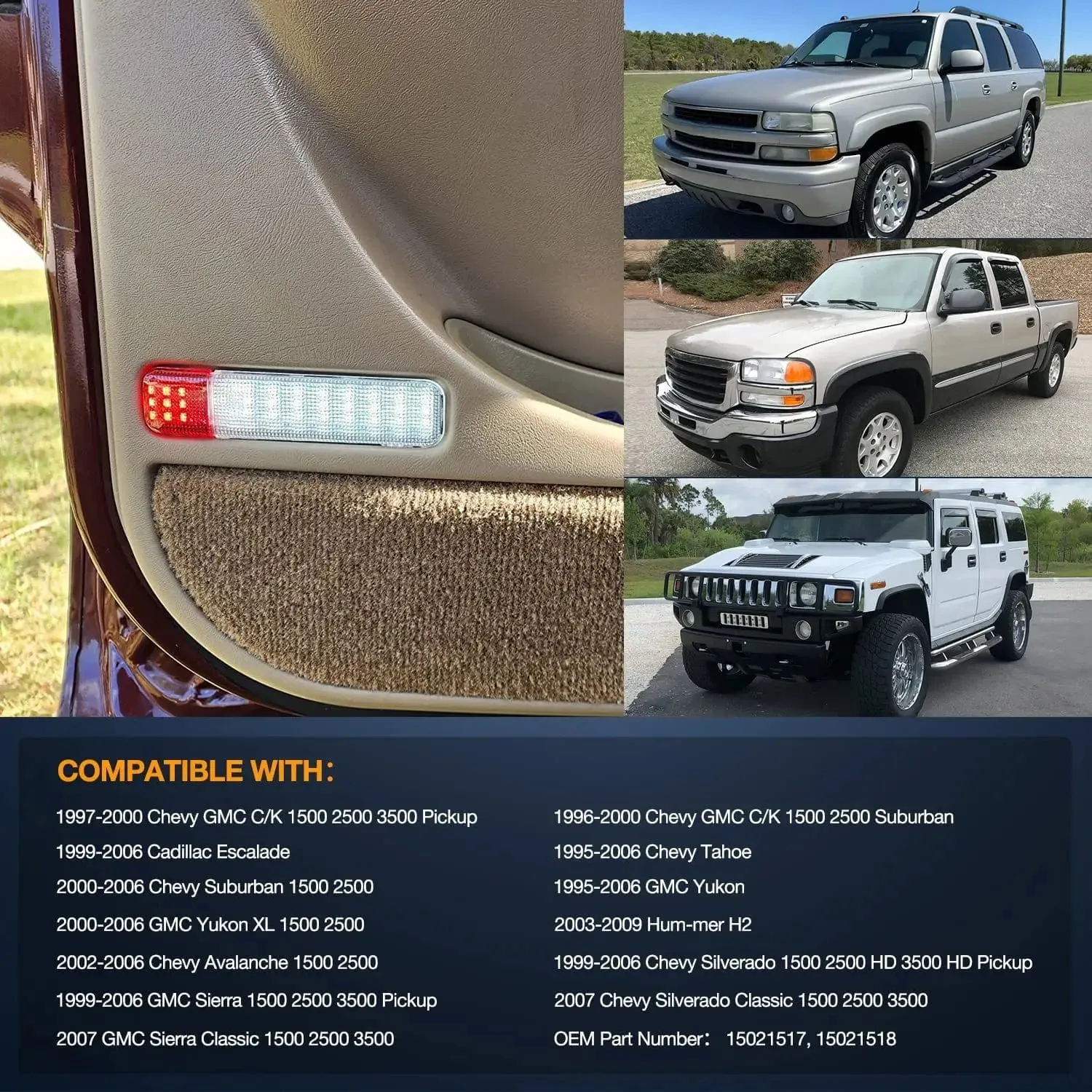 2PCS LED Interior Door Panel Light Courtesy Warning Lights White Red for Chevy GMC Silverado Sierra 1500 2500 3500 HD Suburban Cadillac Escalade Hummer H2