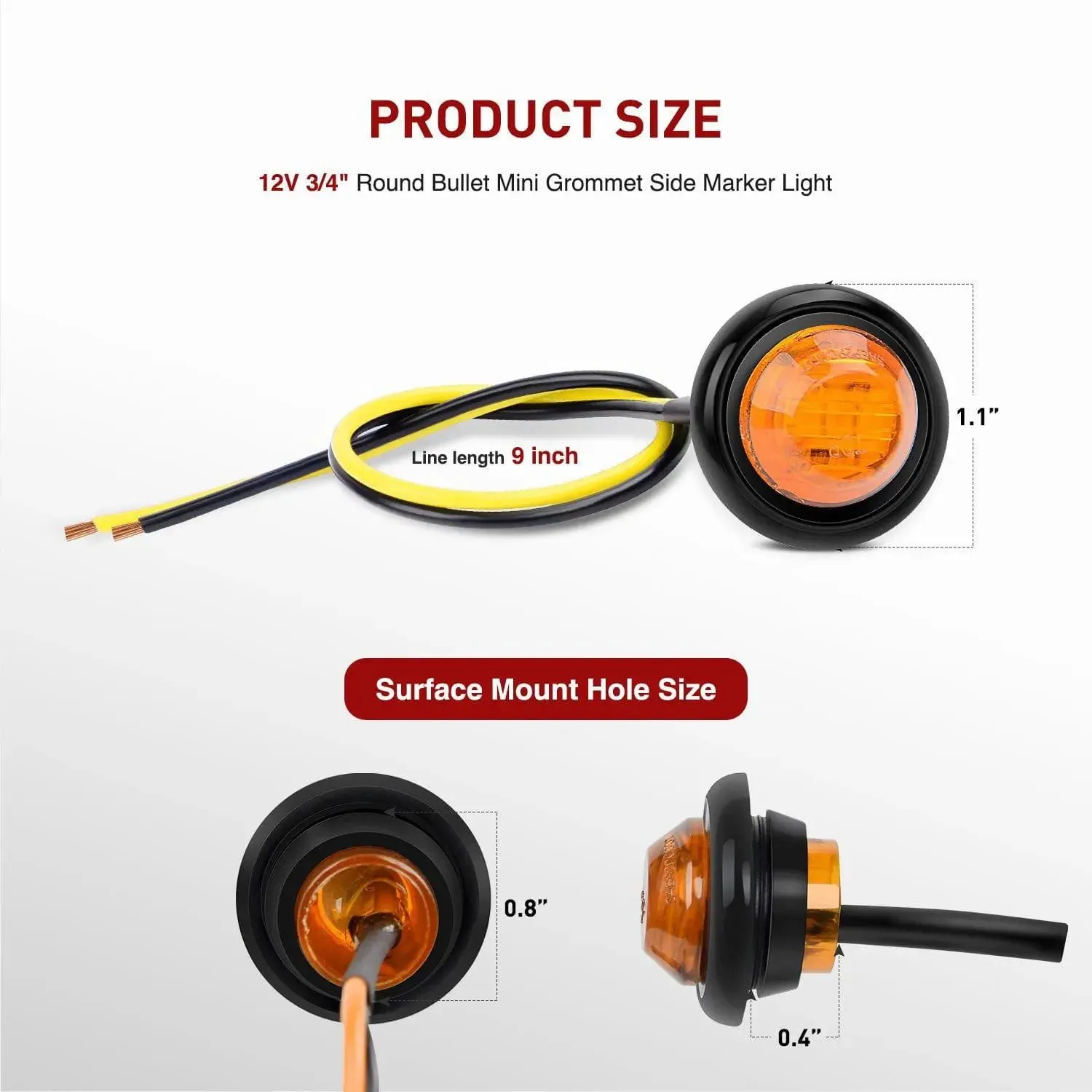 3/4 inch Amber Red Round LED Marker Lights (10 Pcs)