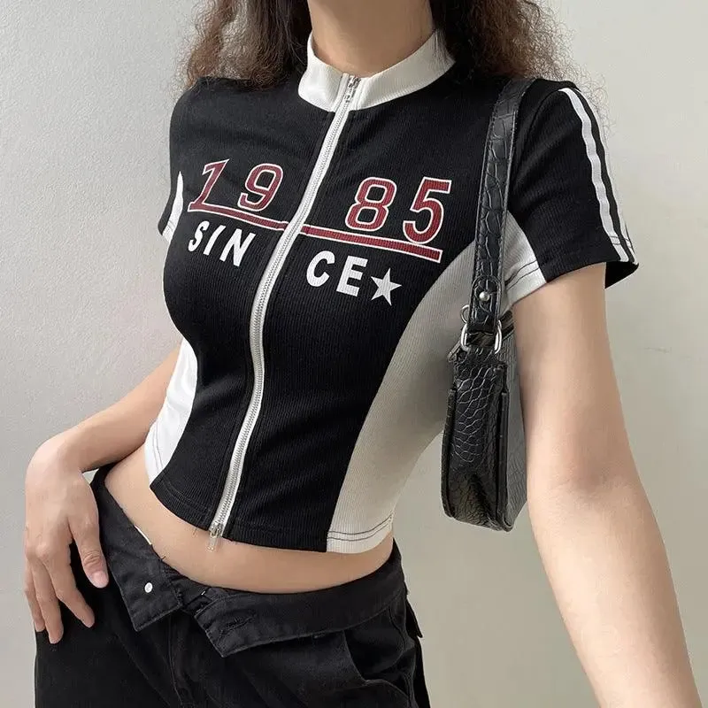 Black and White ‘1985’ Zip Front Crop Top