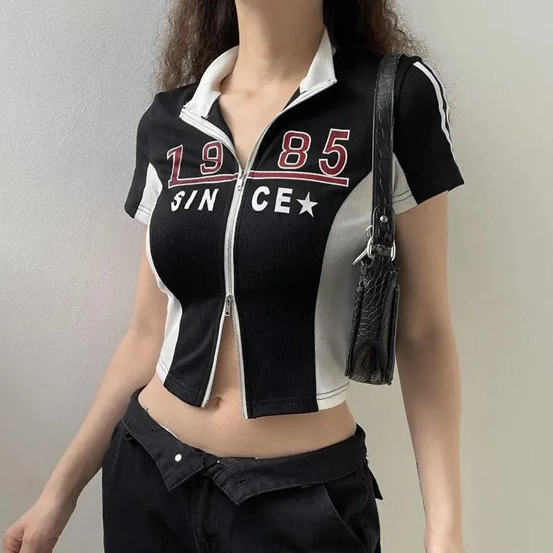 Black and White ‘1985’ Zip Front Crop Top