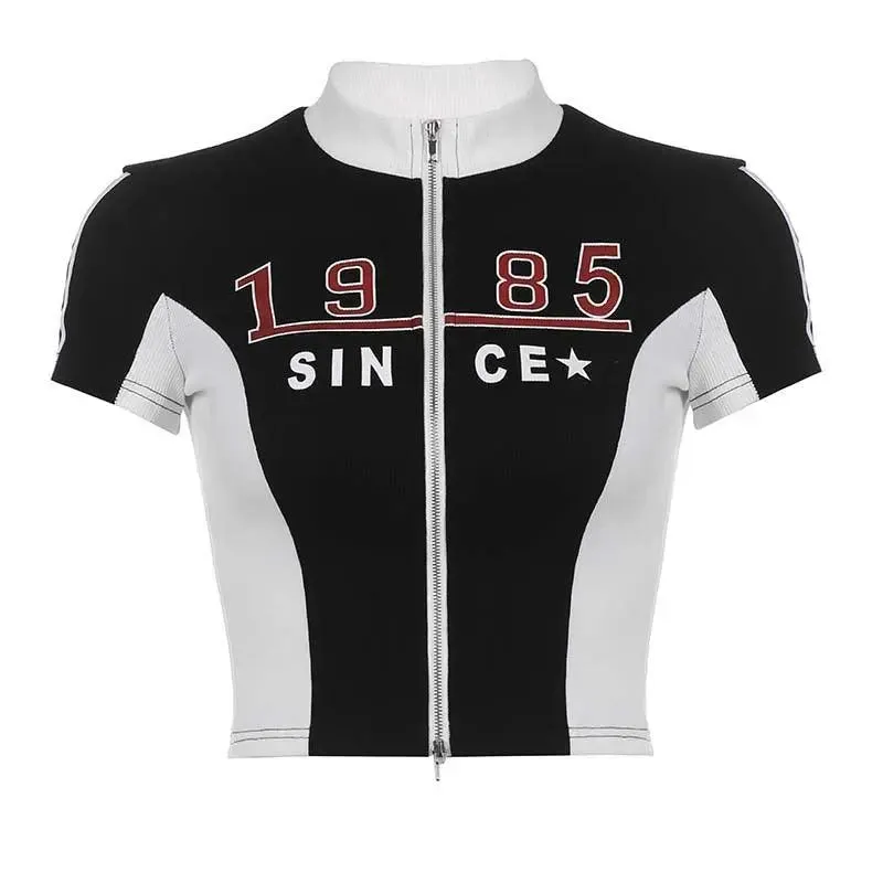 Black and White ‘1985’ Zip Front Crop Top