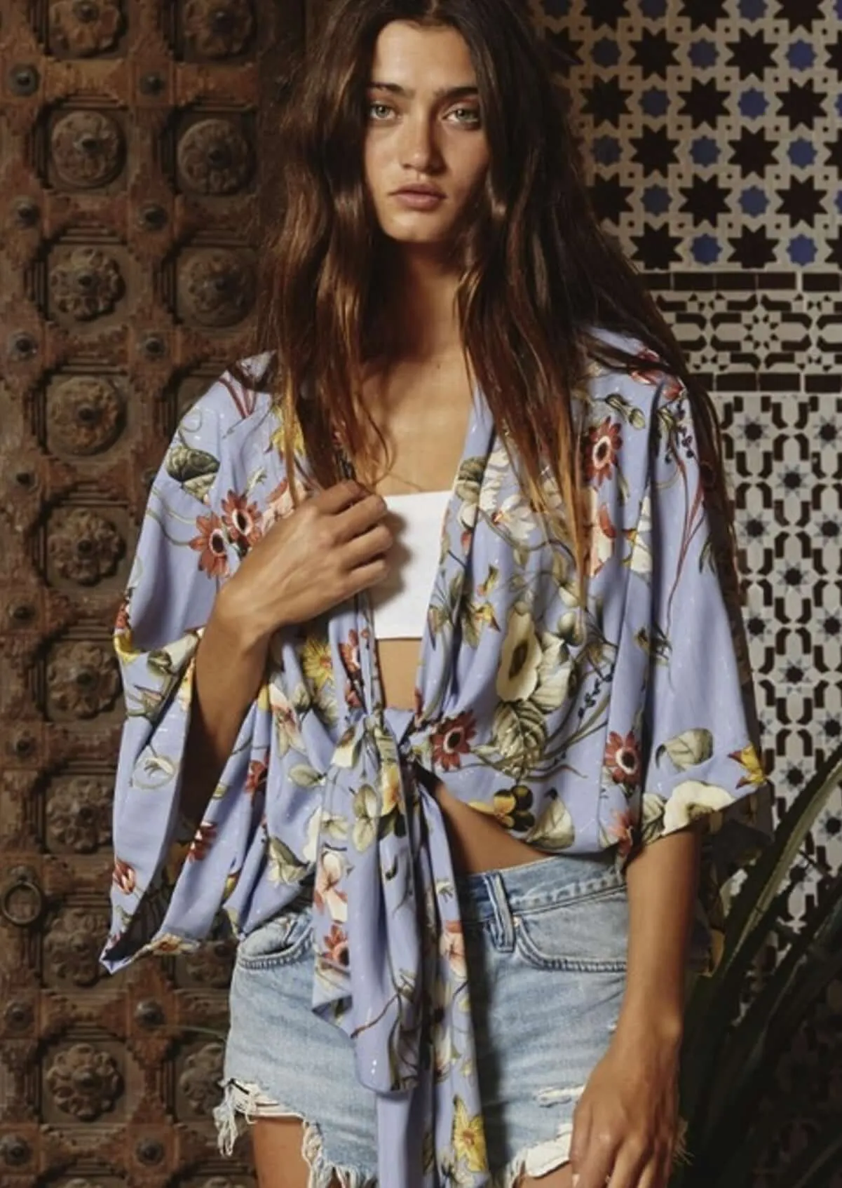 Blue Floral Bohemian Inspired Tie Front Kimono Made in USA