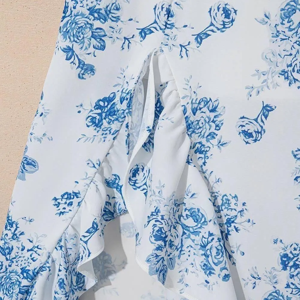 Boho Floral Spring Maxi Skirt, Sky Blue