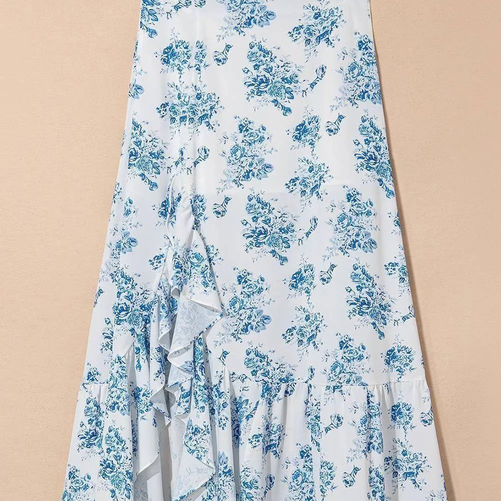 Boho Floral Spring Maxi Skirt, Sky Blue
