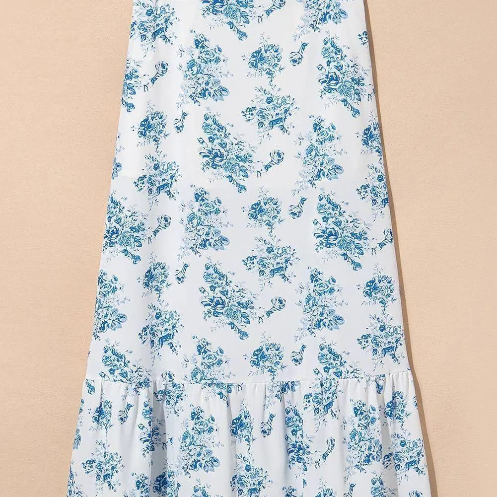 Boho Floral Spring Maxi Skirt, Sky Blue