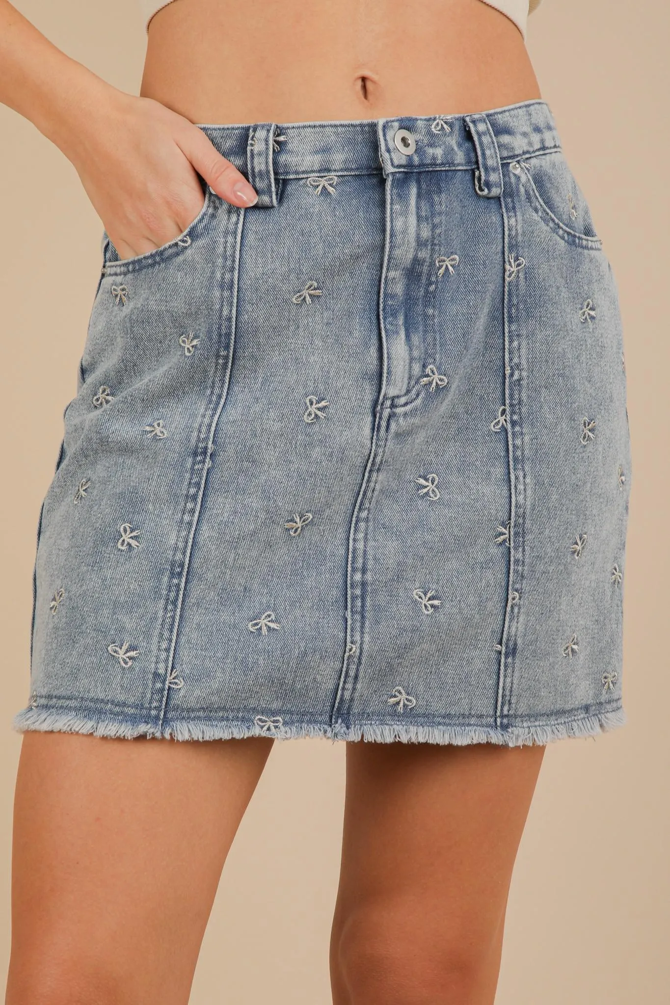 Bow Printed Casual Denim Mini Skirt