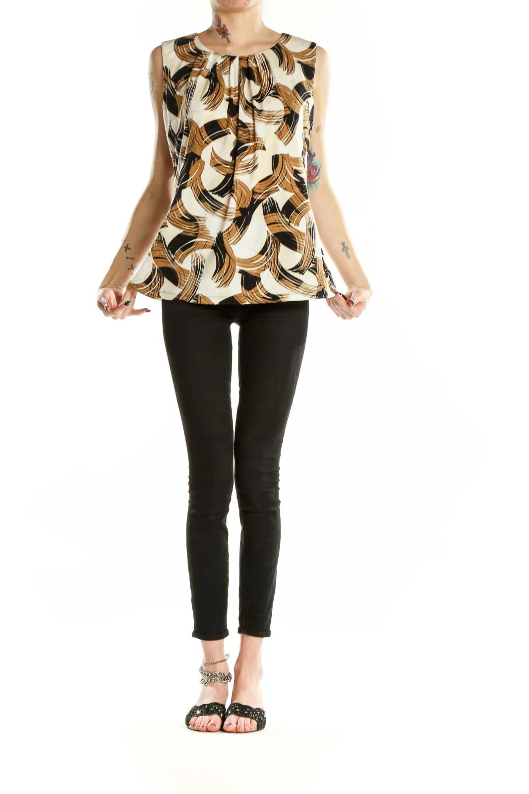 Brown Abstract Print Sleeveless Blouse