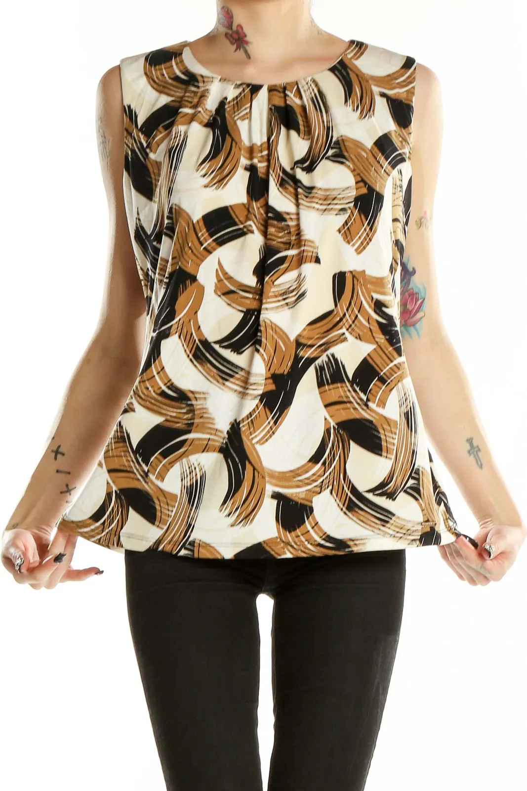 Brown Abstract Print Sleeveless Blouse