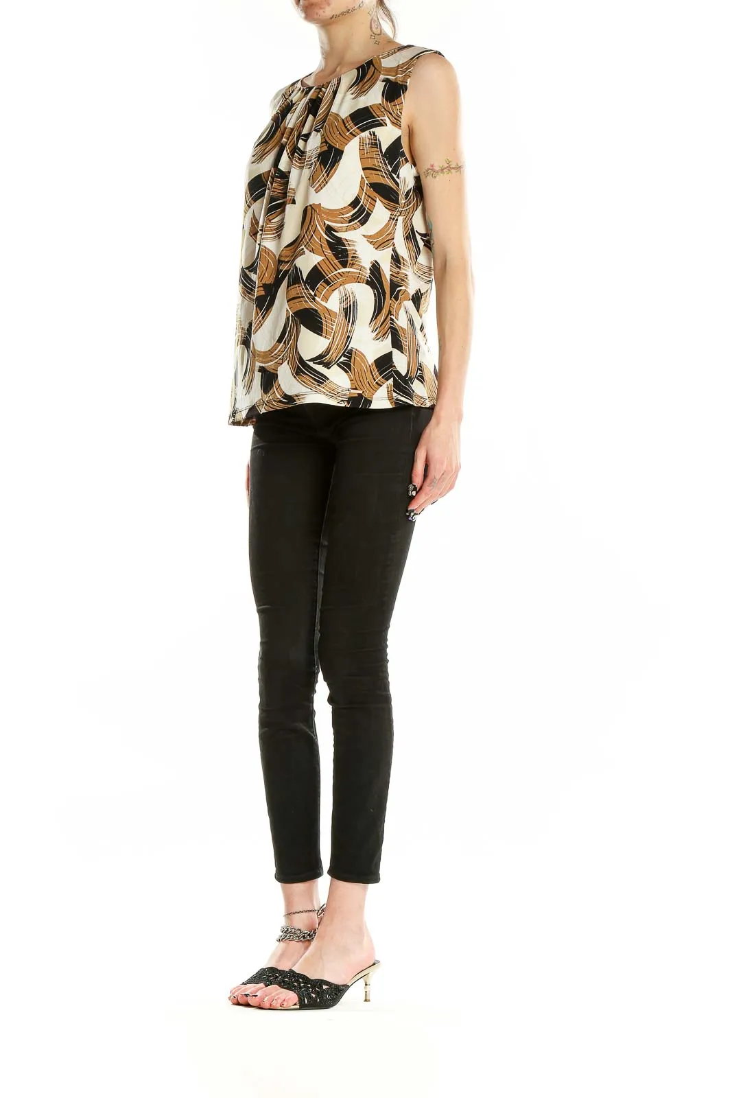 Brown Abstract Print Sleeveless Blouse
