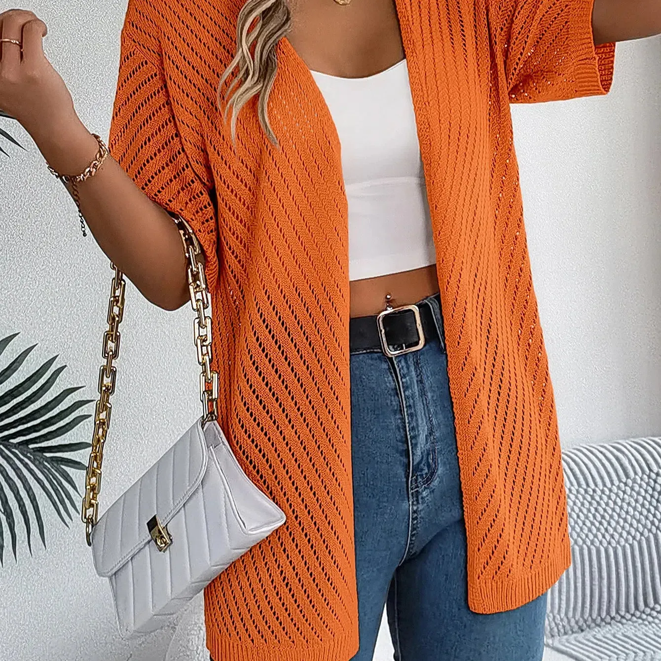 Casual Solid Color Short Sleeve Hollow Out Knitted Cardigans For Women - Stylish Comfort for Every Occasion