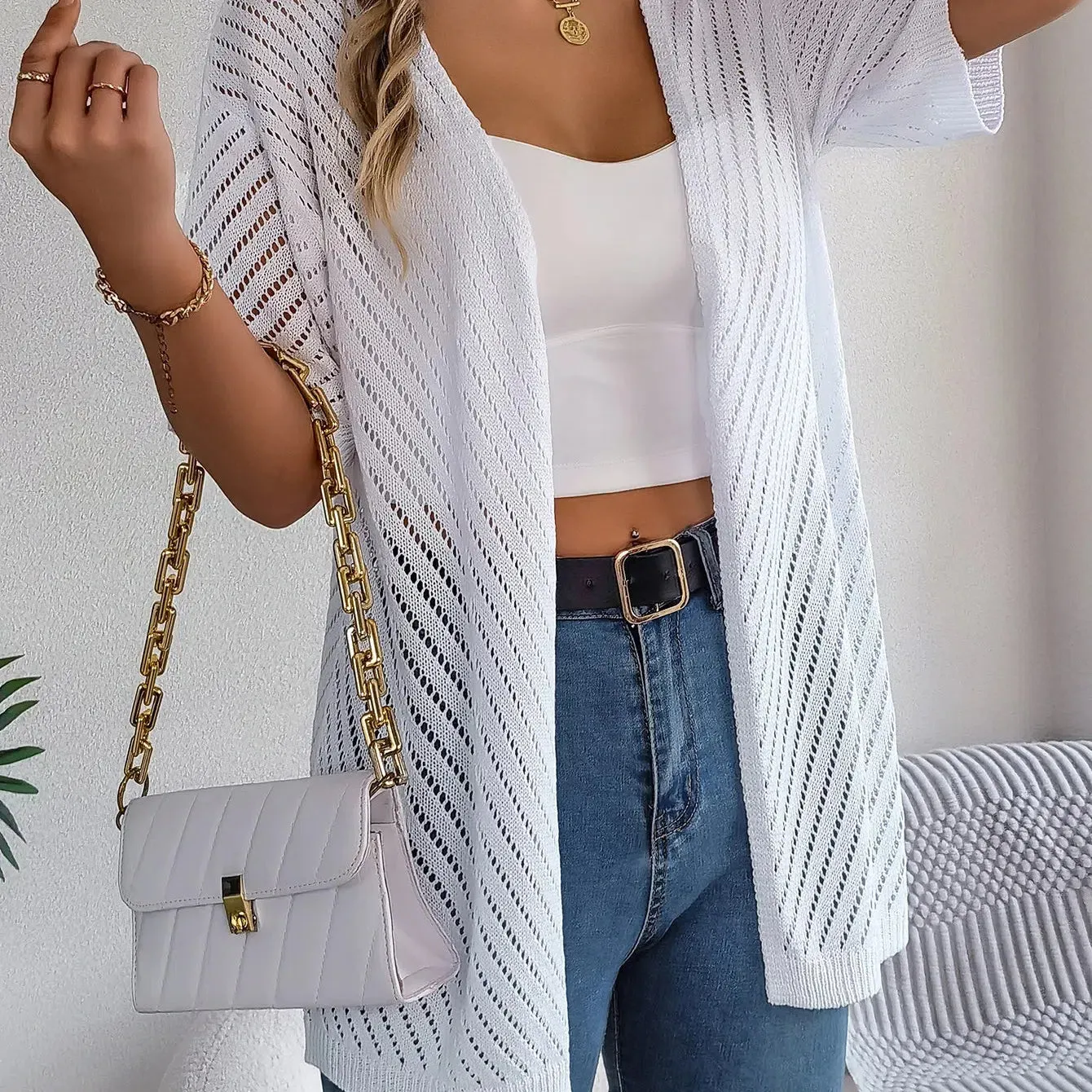Casual Solid Color Short Sleeve Hollow Out Knitted Cardigans For Women - Stylish Comfort for Every Occasion