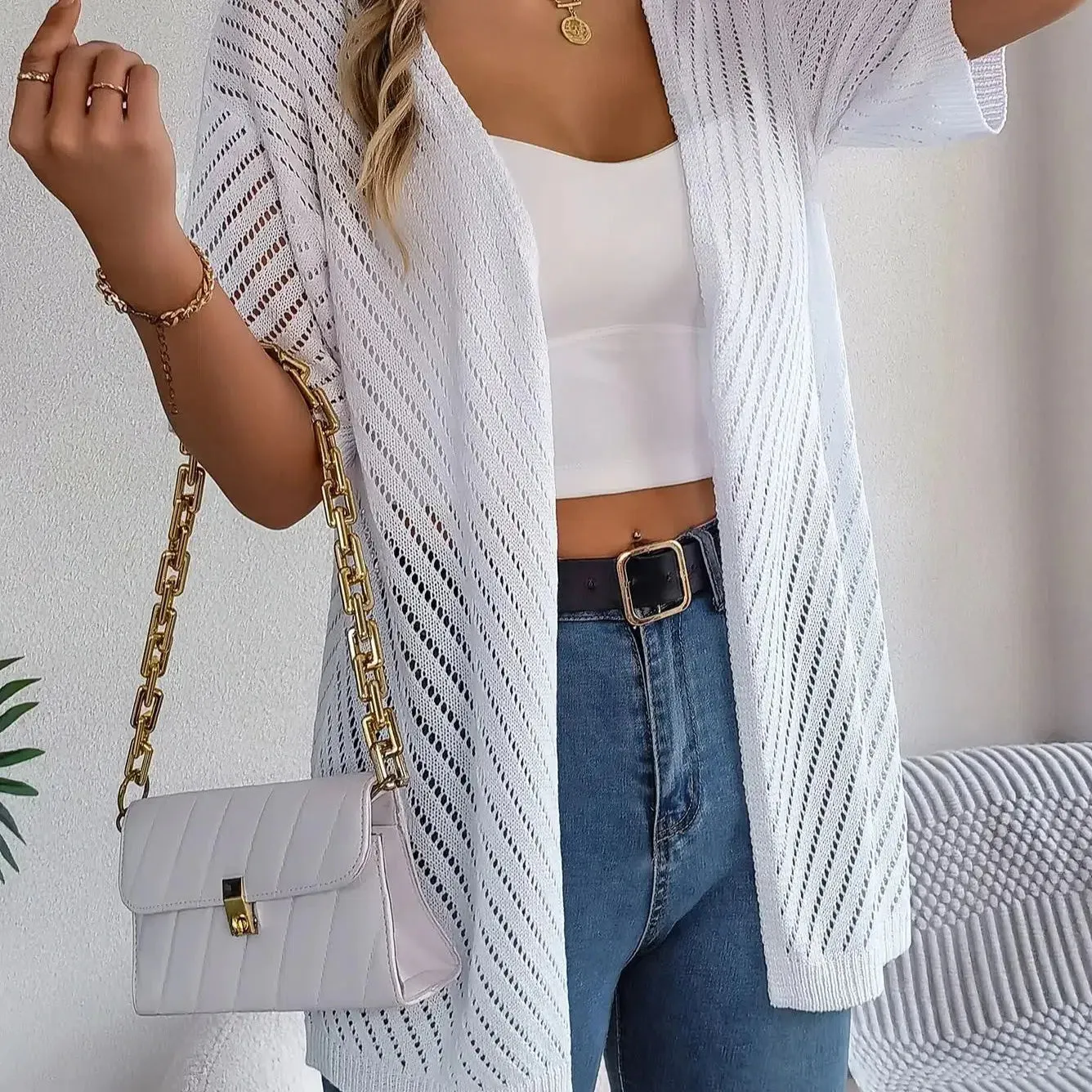 Casual Solid Color Short Sleeve Hollow Out Knitted Cardigans For Women - Stylish Comfort for Every Occasion