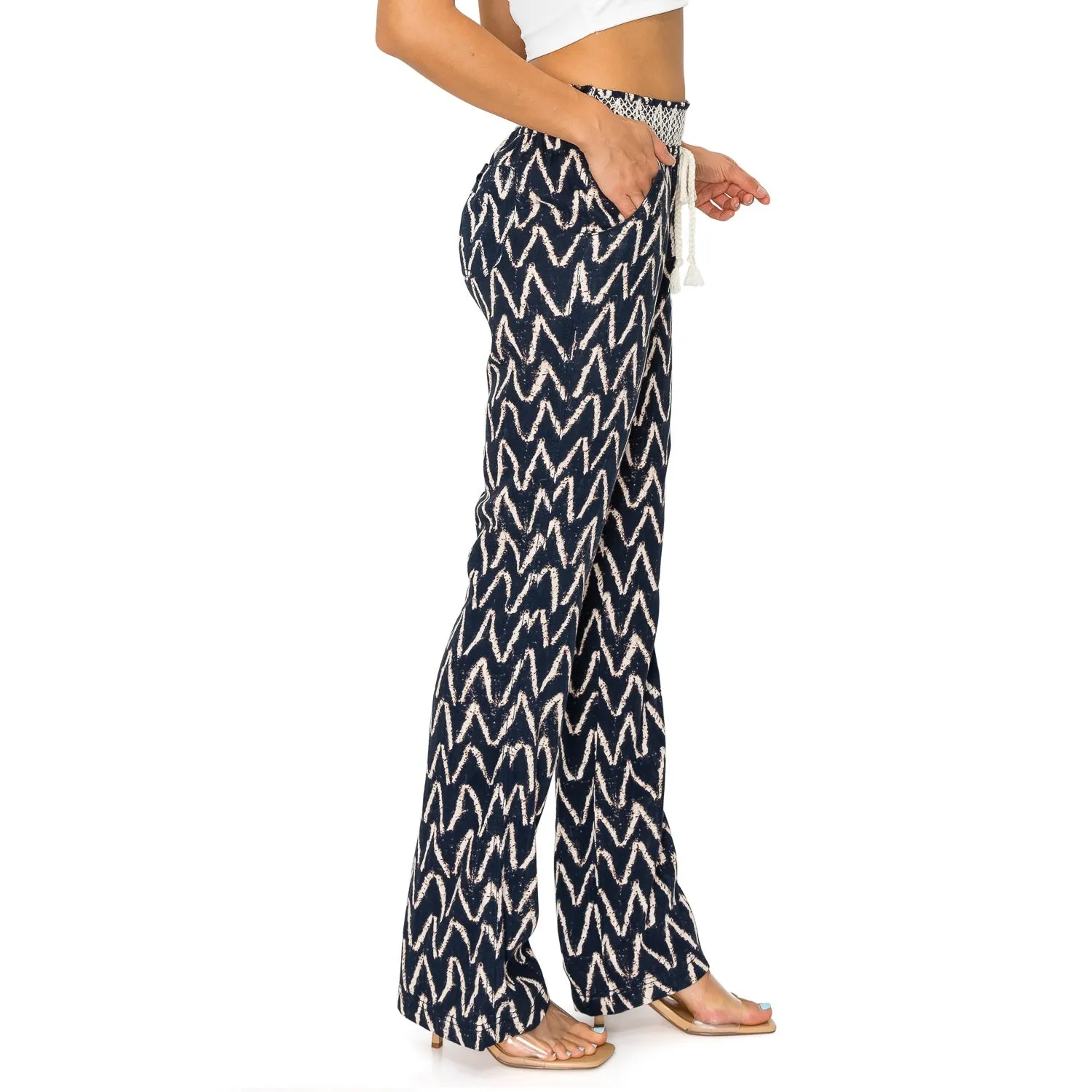 Contrast Smocked Waist Linen Pants
