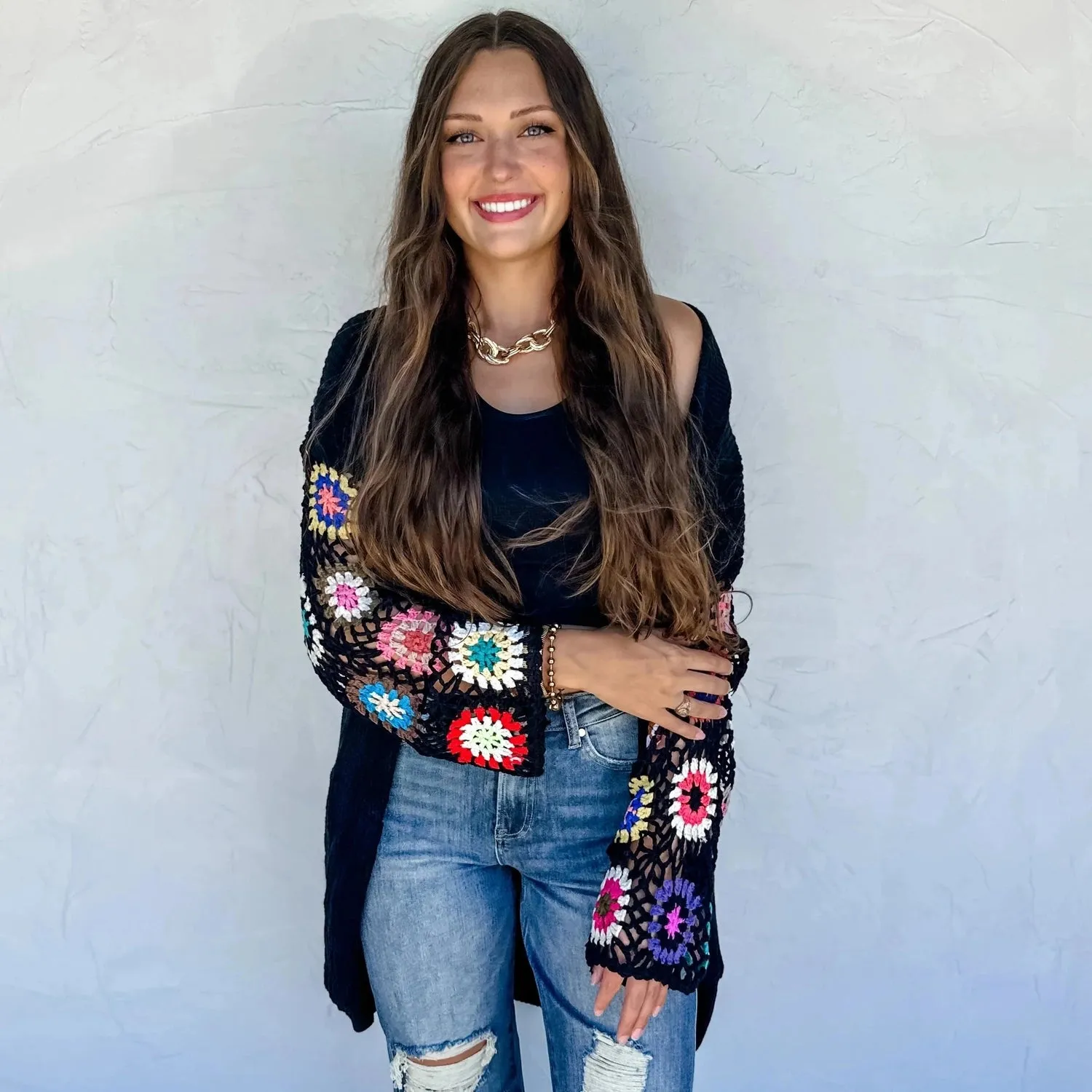 Crochet Knit Cardigan Black and Multi Color