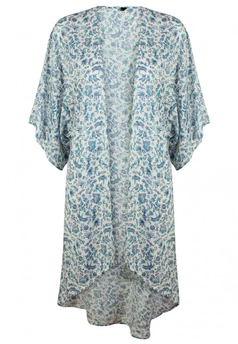 Ex M&CO Blue Floral Longline Kimono Kaftan Floral Print