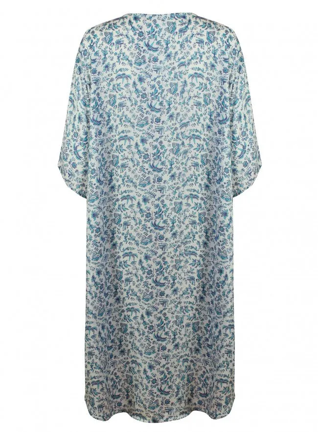 Ex M&CO Blue Floral Longline Kimono Kaftan Floral Print