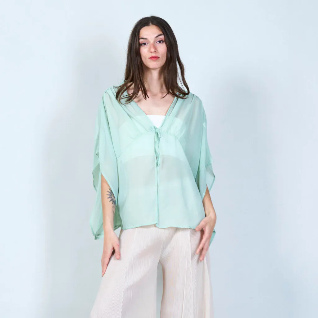 Flowy sheer blouse with tie front wholesale