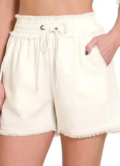Ivory Frayed Hem Drawstring Shorts