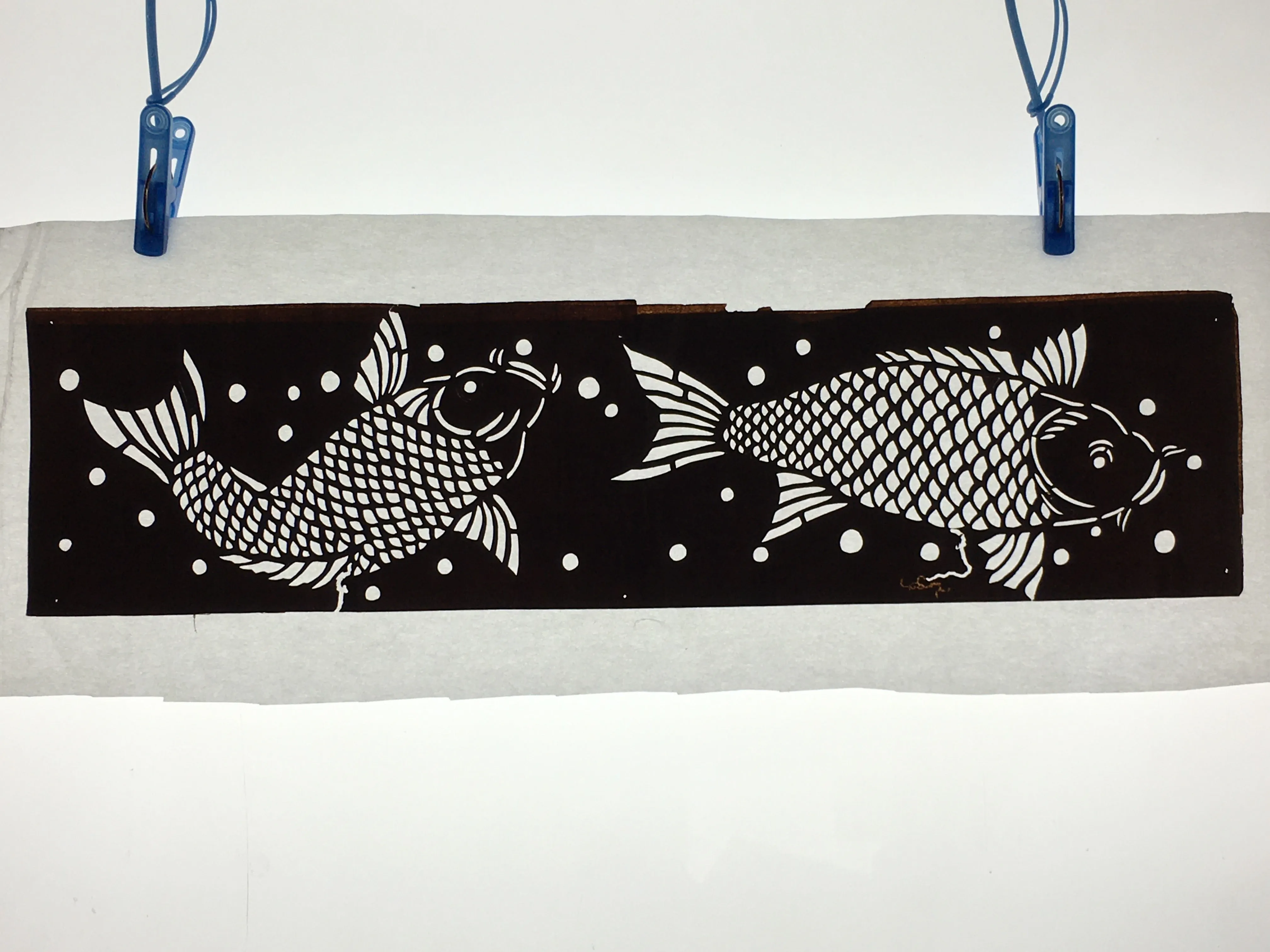 Japanese Antique Ise Katagami Paper Kimono Stencil Edo Koi Fish Design A561