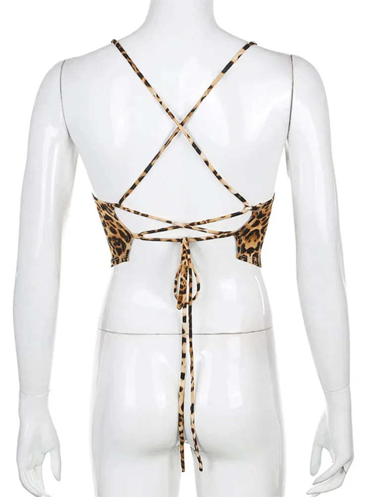 Lady Glams Leopard Pattern Women Tank Tops Backless Sexy Rave Outfits Sleeveless Cross Lace Up Bralette Crop Top Summer Streetwear