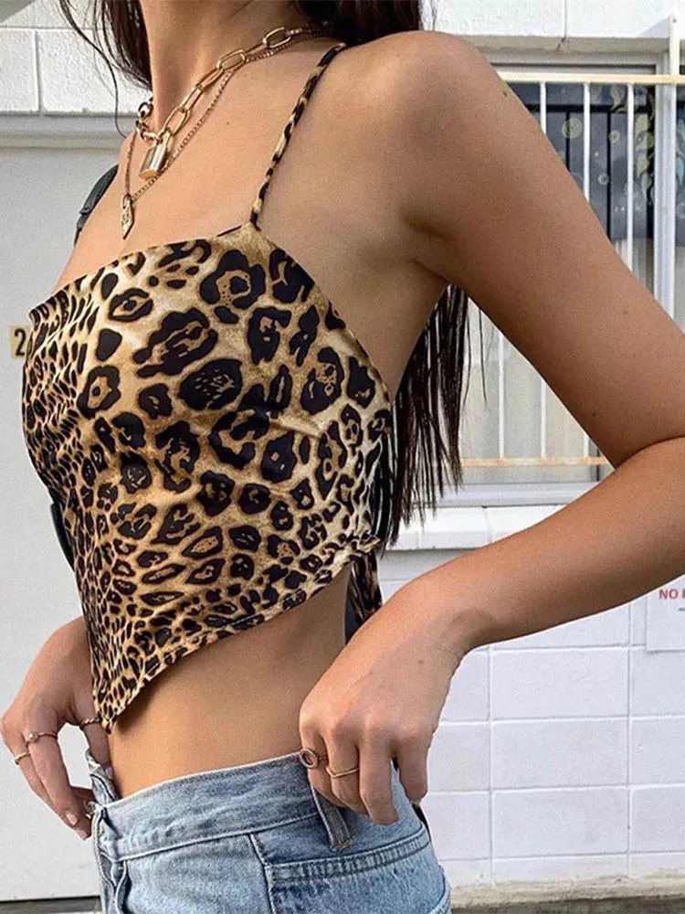 Lady Glams Leopard Pattern Women Tank Tops Backless Sexy Rave Outfits Sleeveless Cross Lace Up Bralette Crop Top Summer Streetwear