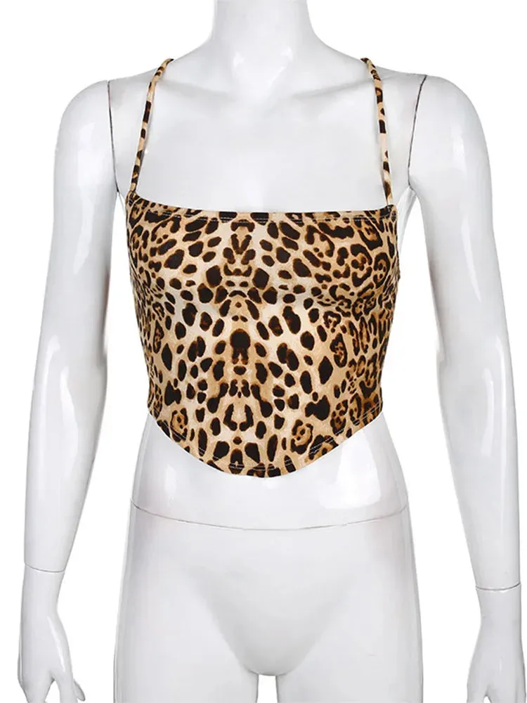 Lady Glams Leopard Pattern Women Tank Tops Backless Sexy Rave Outfits Sleeveless Cross Lace Up Bralette Crop Top Summer Streetwear