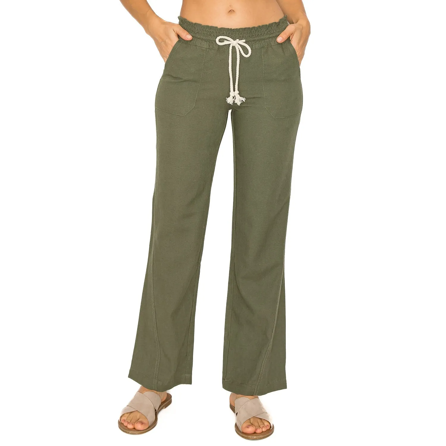 Linen Pants 29" Inseam Drawstring Smocked Waist Beach Pants - Olive