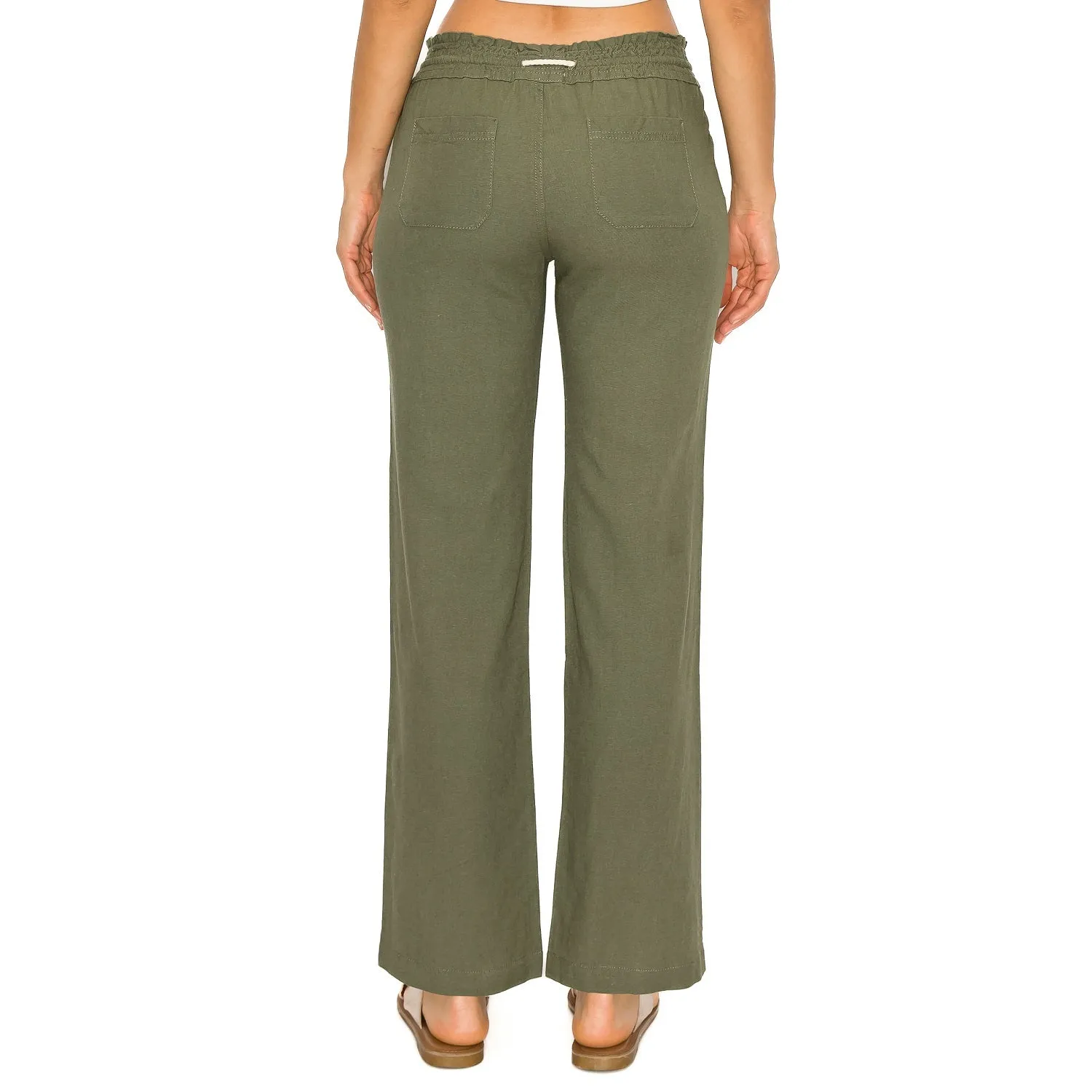 Linen Pants 29" Inseam Drawstring Smocked Waist Beach Pants - Olive