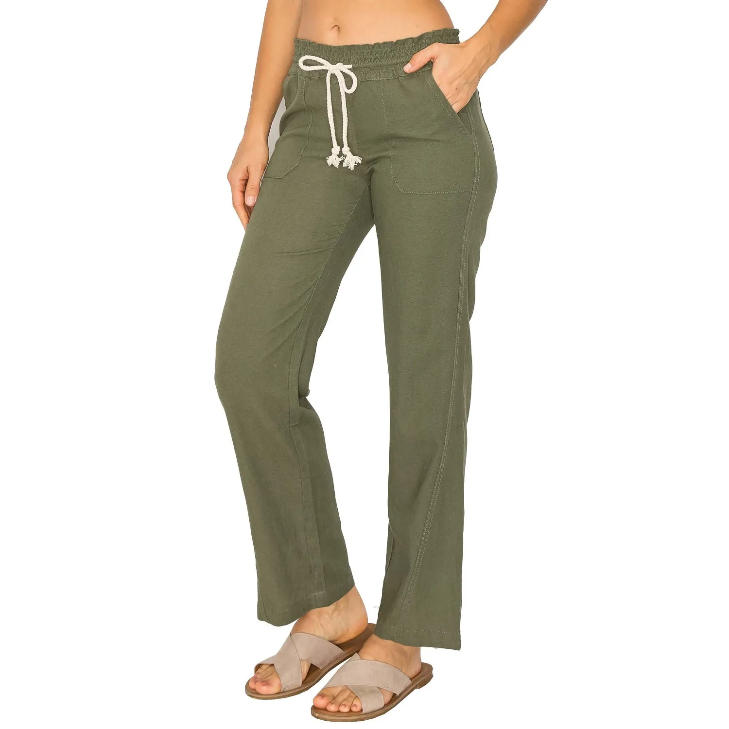 Linen Pants 29" Inseam Drawstring Smocked Waist Beach Pants - Olive
