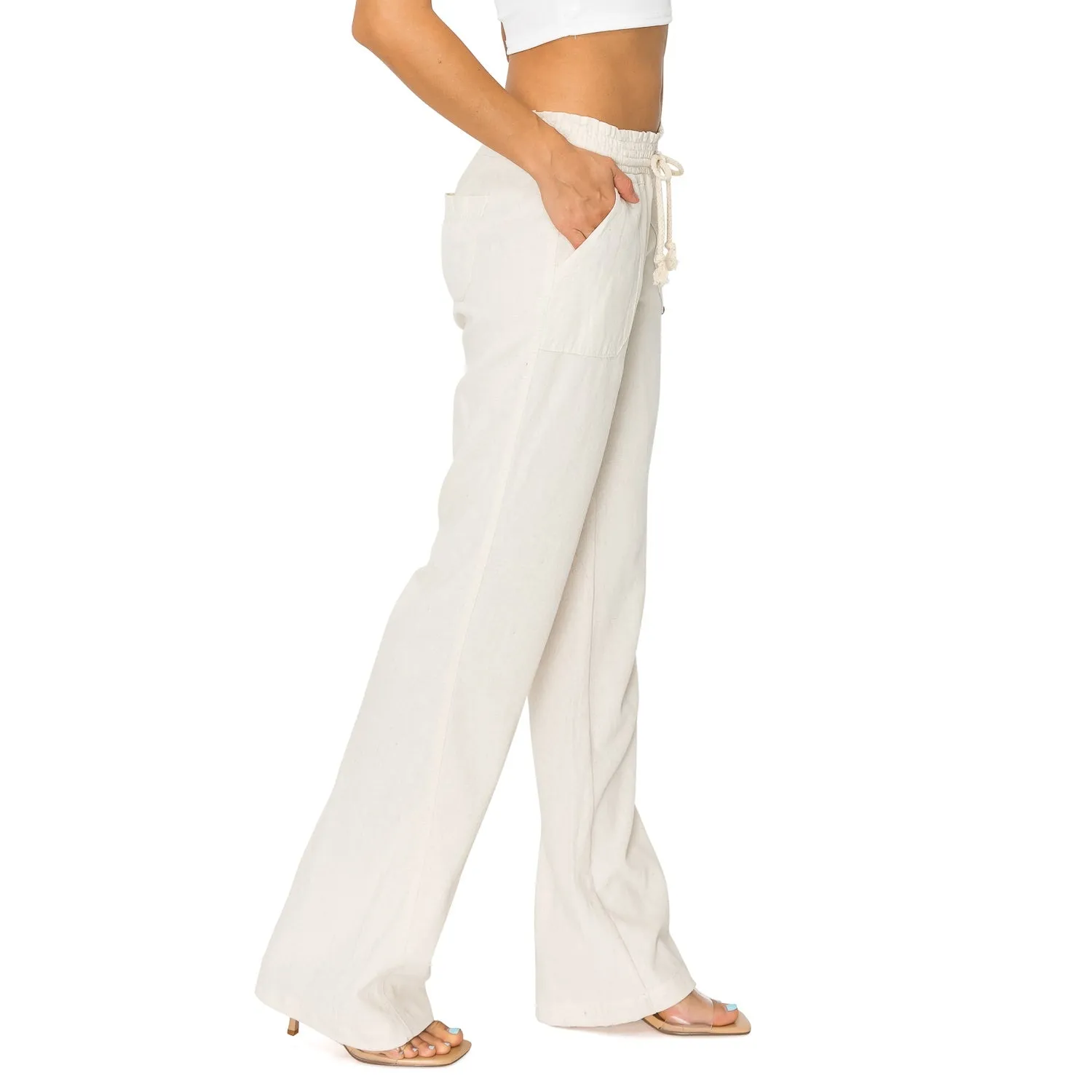 Linen Pants 32" Inseam Drawstring Smocked Waist Beach Pants - Oatmeal