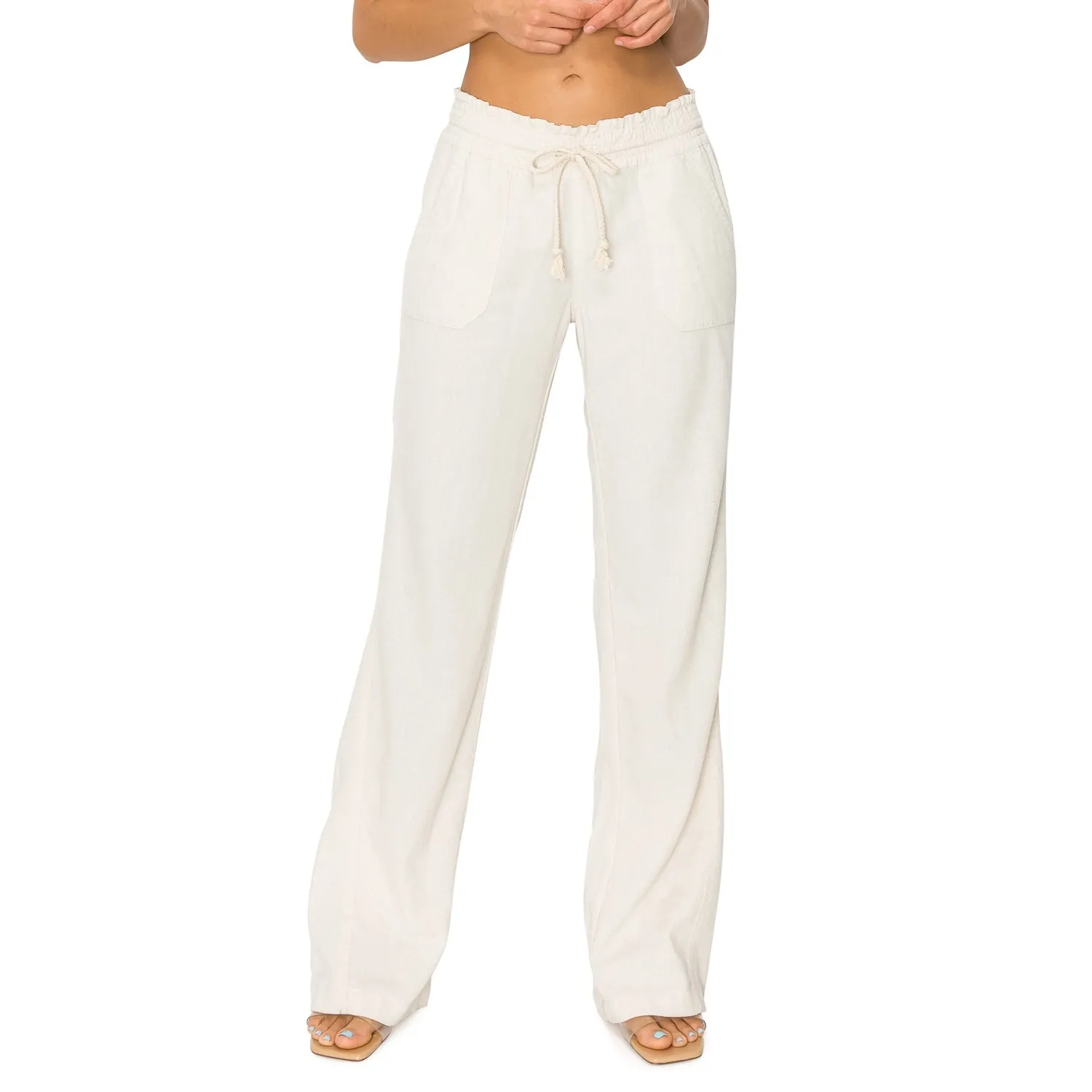 Linen Pants 32" Inseam Drawstring Smocked Waist Beach Pants - Oatmeal