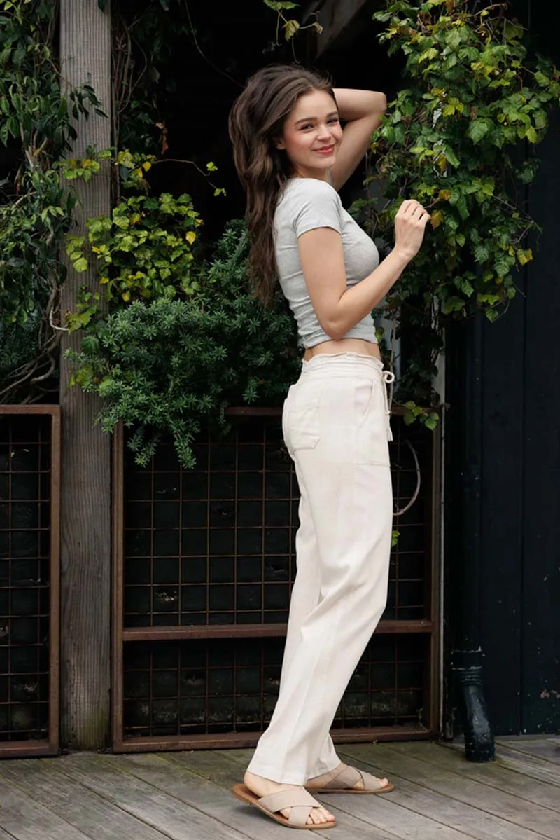 Linen Pants 32" Inseam Drawstring Smocked Waist Beach Pants - Oatmeal