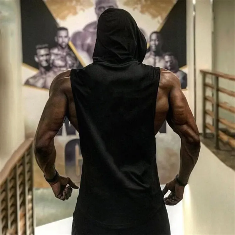 Mens Bodybuilding Hooded Tank Top Cotton Sleeveless Vest Fitness Sweatshirt Workout Sportswear Tops Male