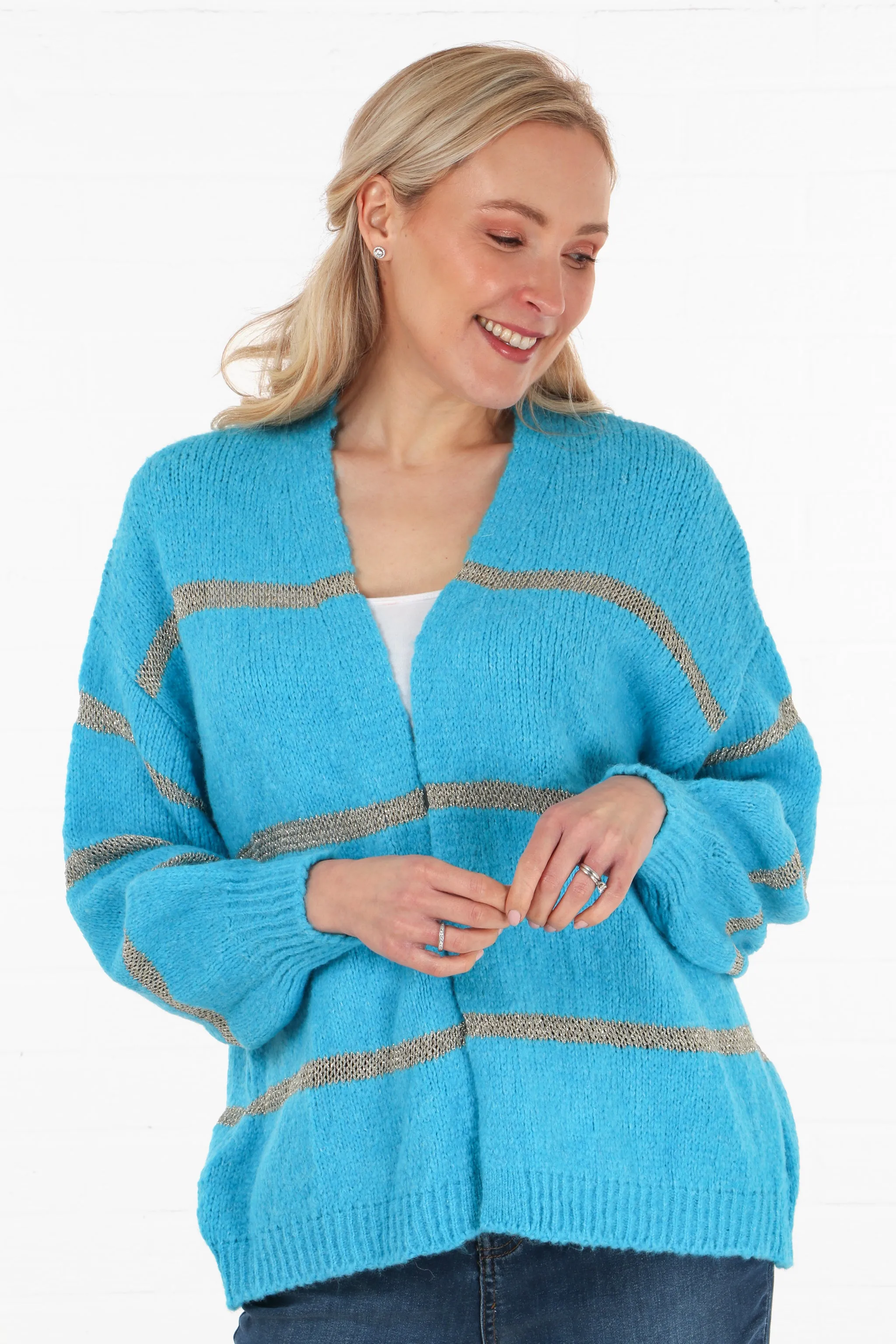 Open Front Wool Blend Cardigan Thin Gold Stripe Turquoise Blue