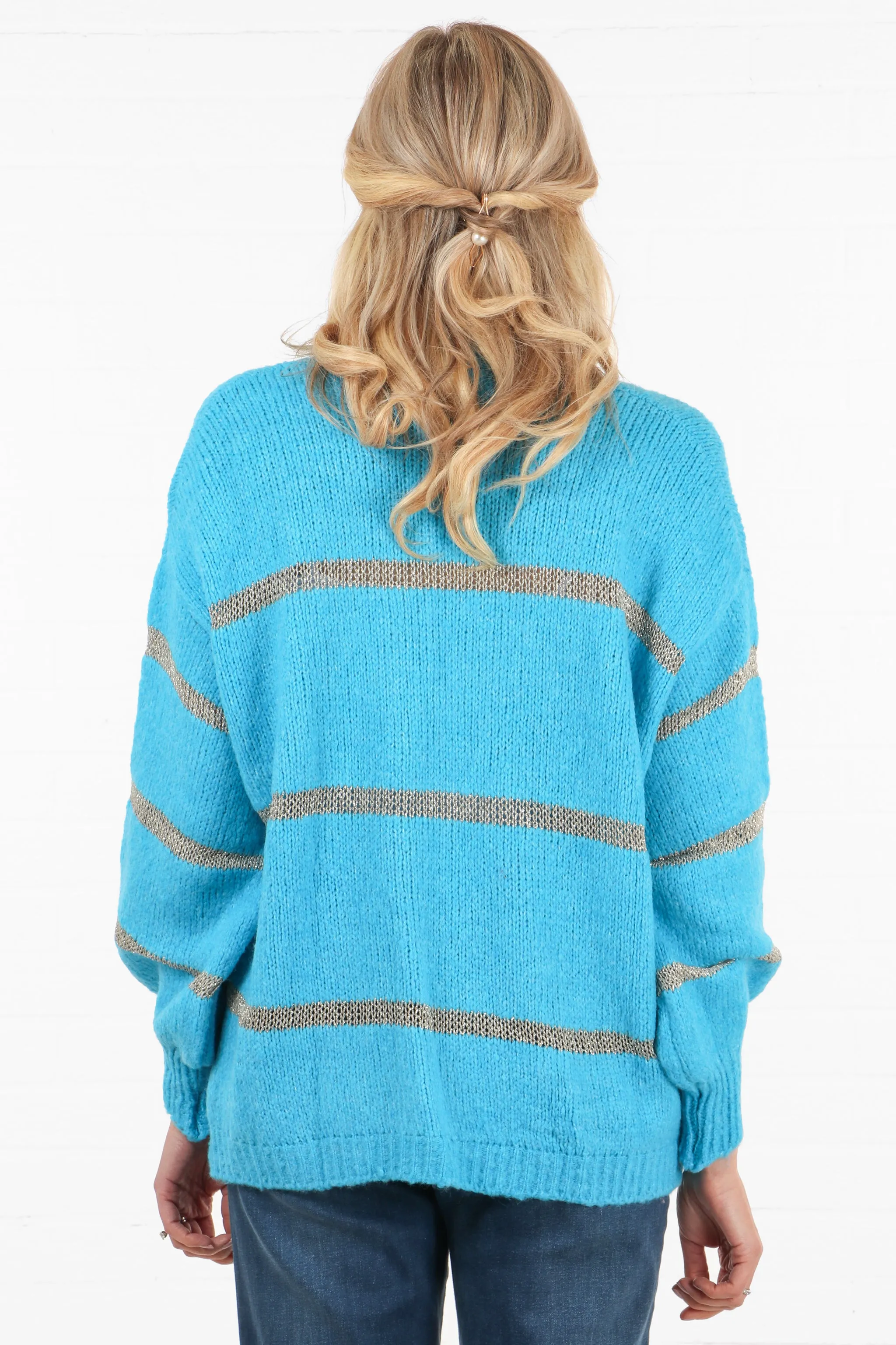 Open Front Wool Blend Cardigan Thin Gold Stripe Turquoise Blue
