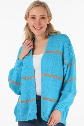 Open Front Wool Blend Cardigan Thin Gold Stripe Turquoise Blue