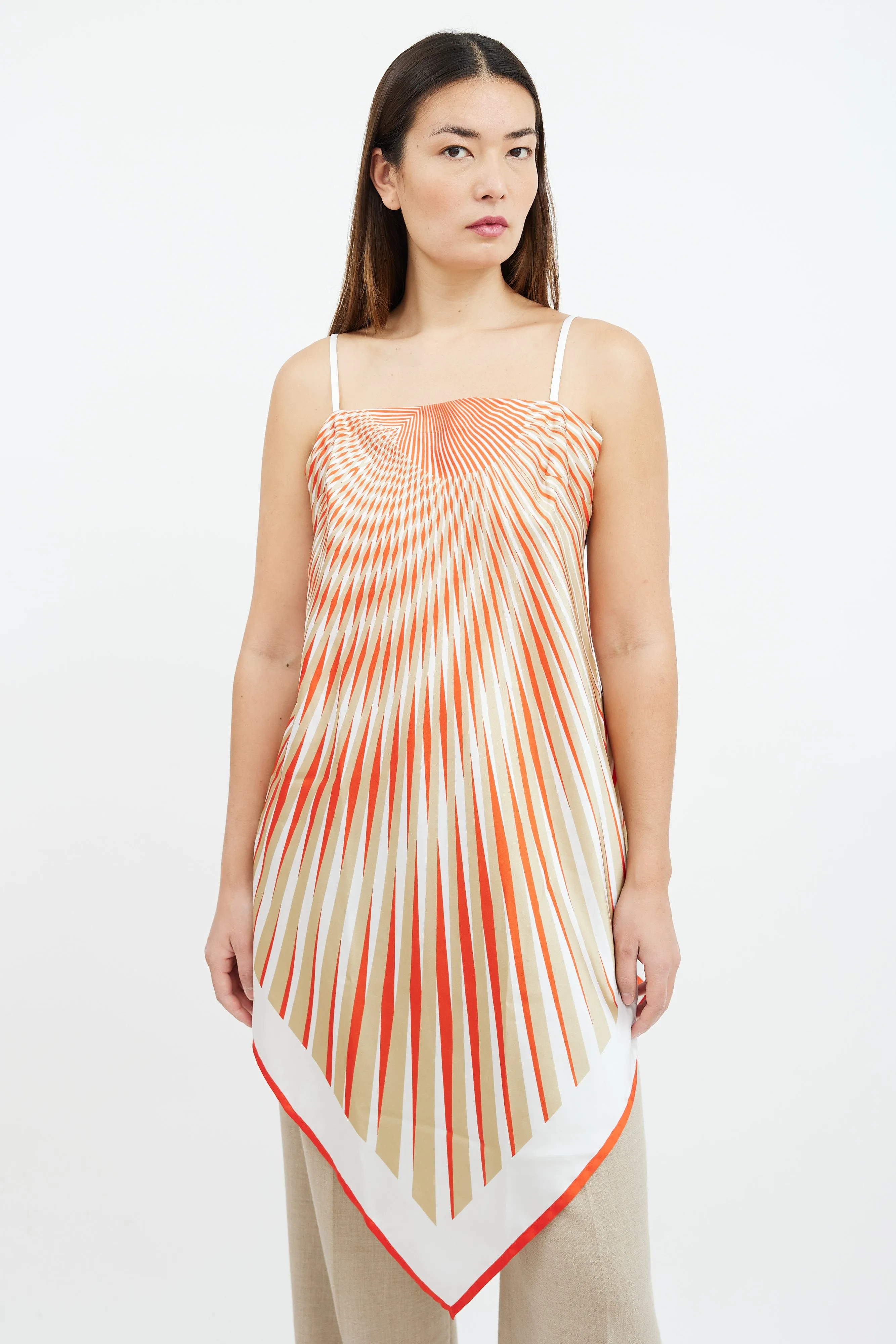 Orange & Beige Radial Stripe Satin Top