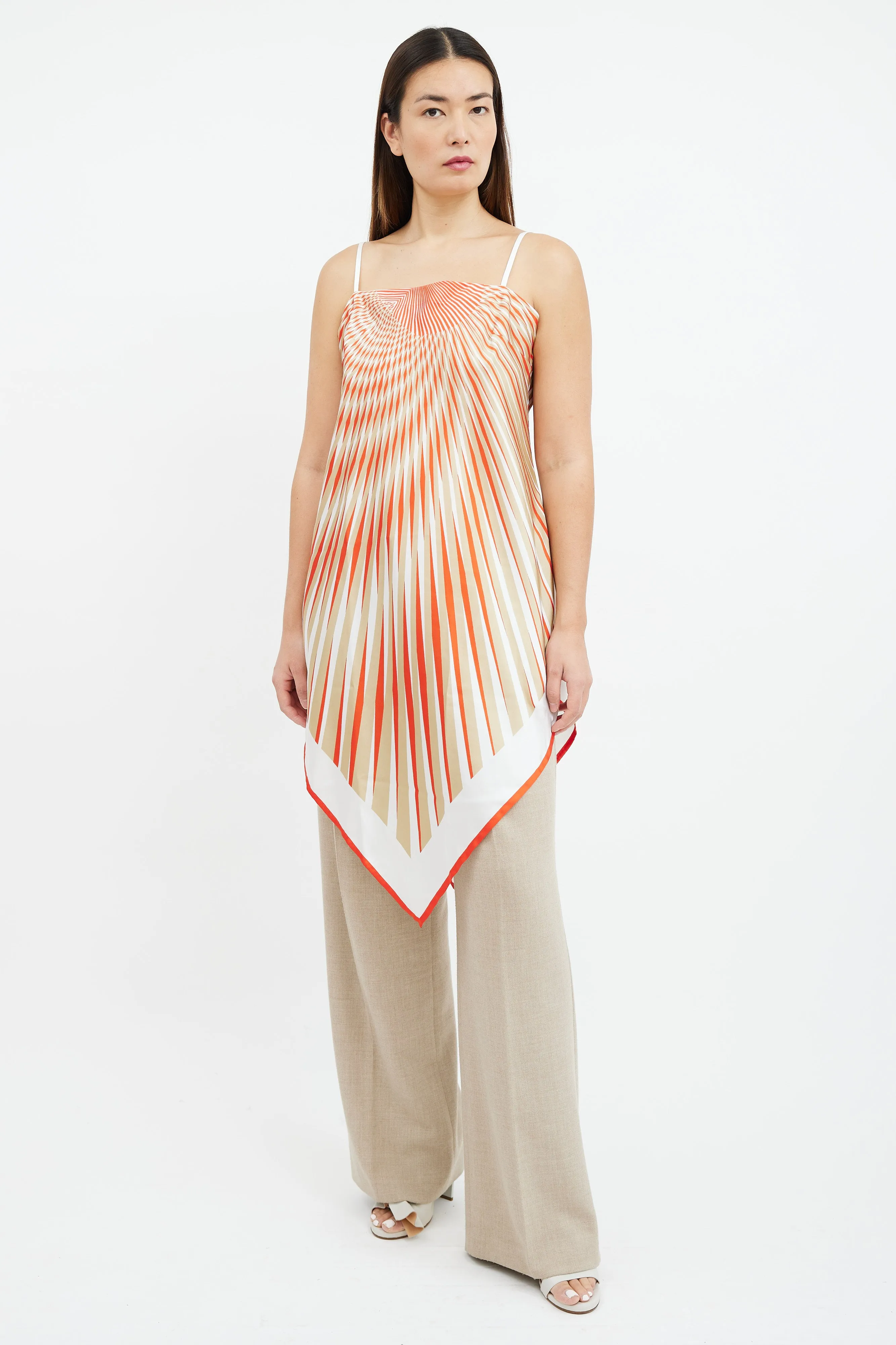 Orange & Beige Radial Stripe Satin Top