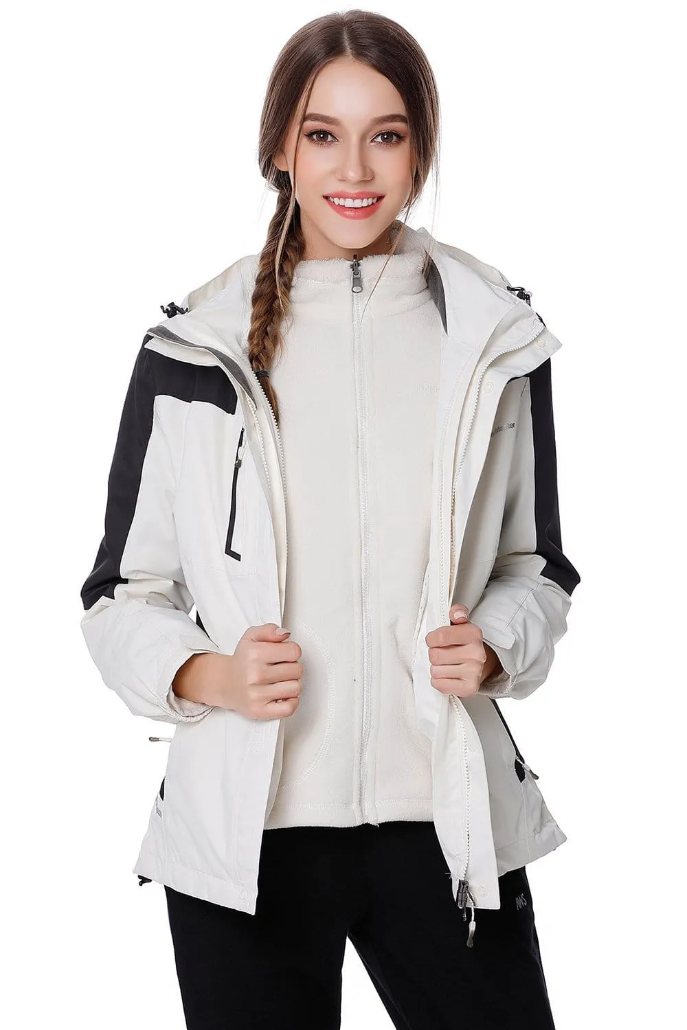 OutdoorMaster Women's 3-in-1 Ski Jacket - Winter Jacket Set with Fleece Liner Jacket & Hooded Waterproof Shell - for Women (Off White,L)
