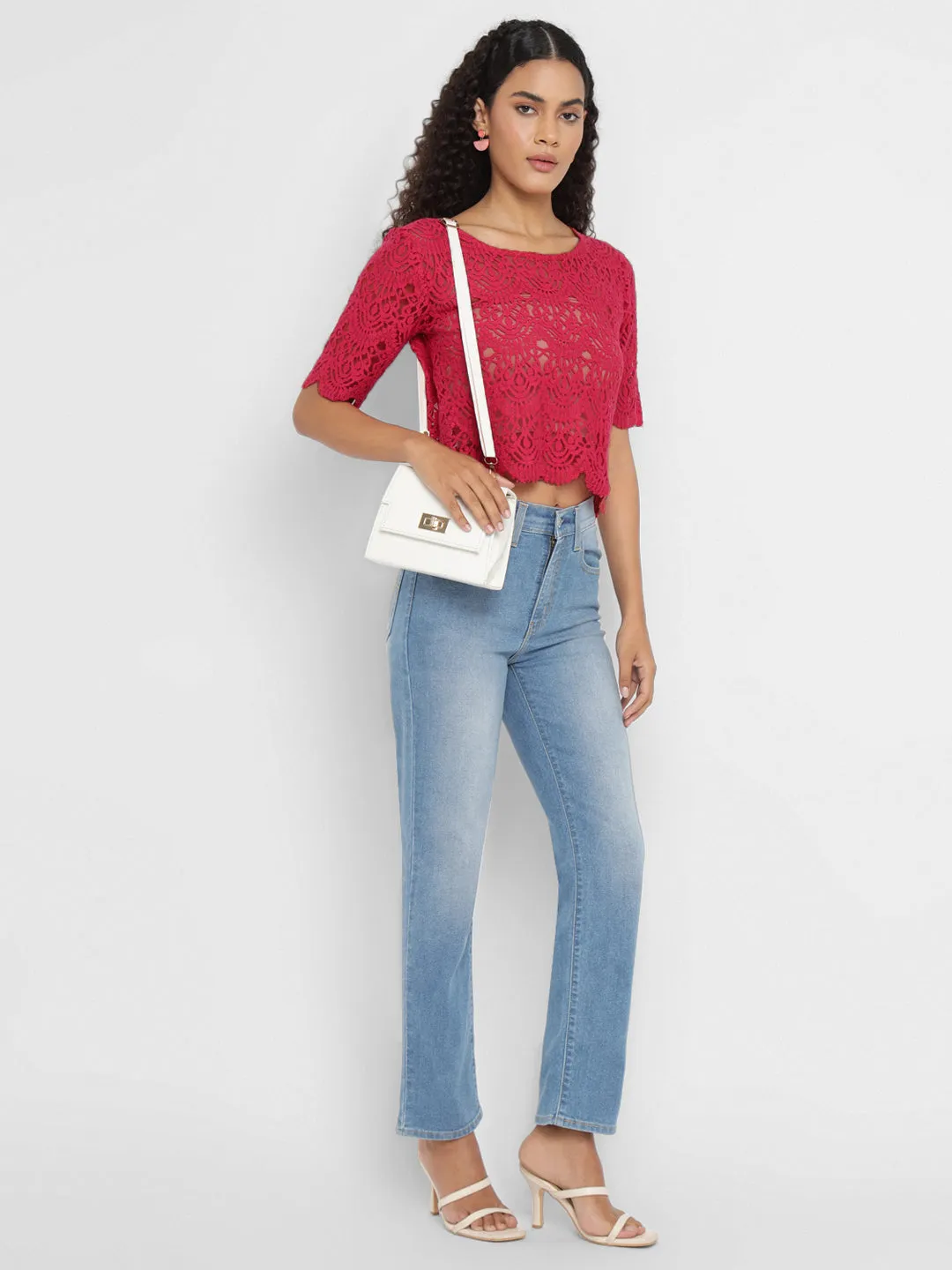 Porsorte Womens Red Crochet Lace Top ( No inner)