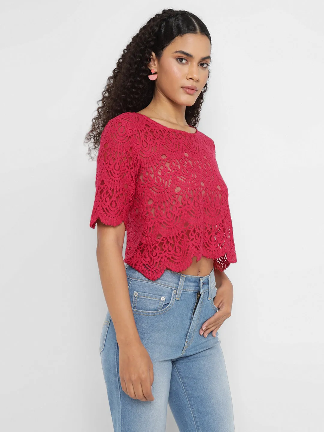 Porsorte Womens Red Crochet Lace Top ( No inner)