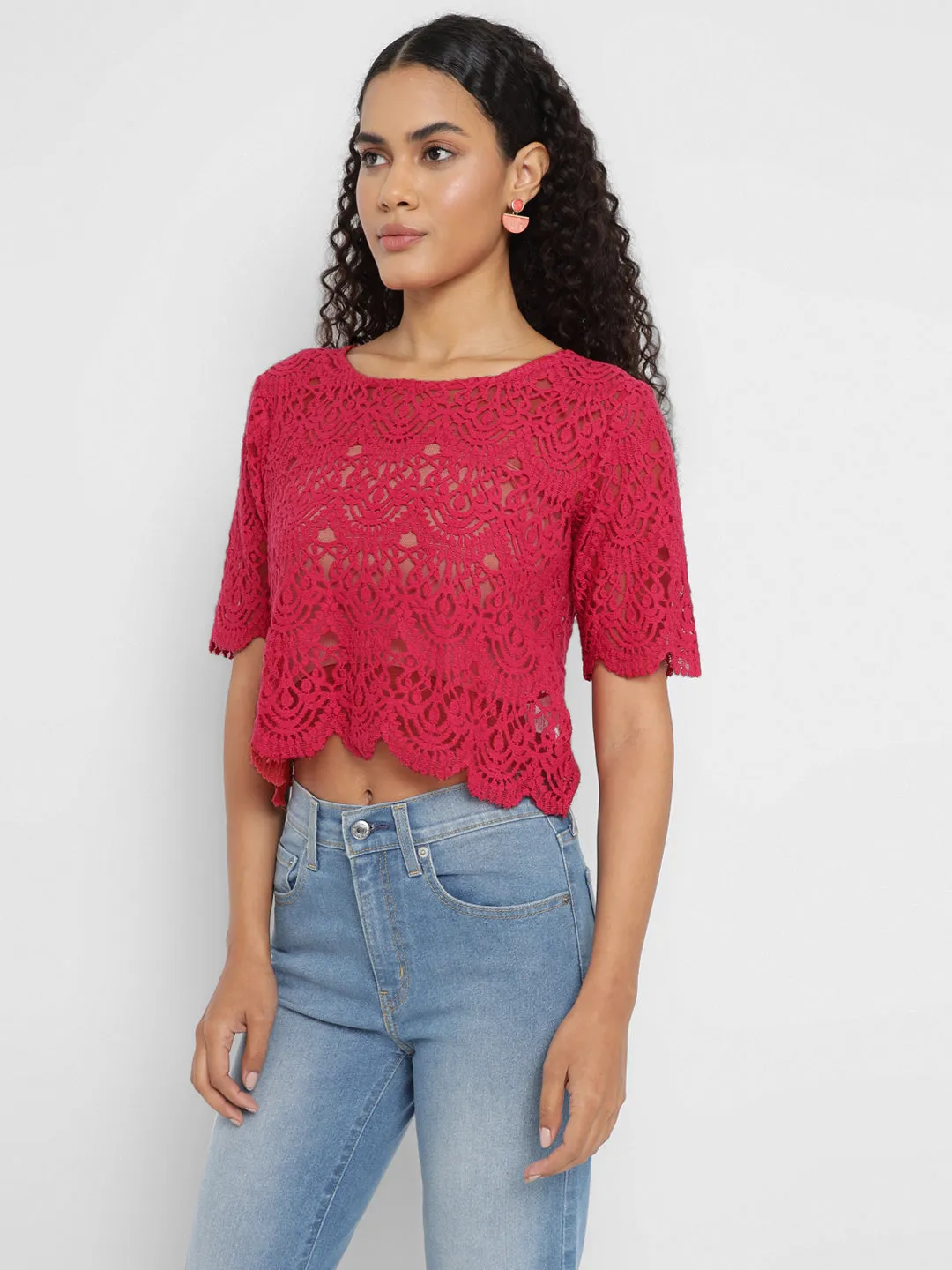 Porsorte Womens Red Crochet Lace Top ( No inner)