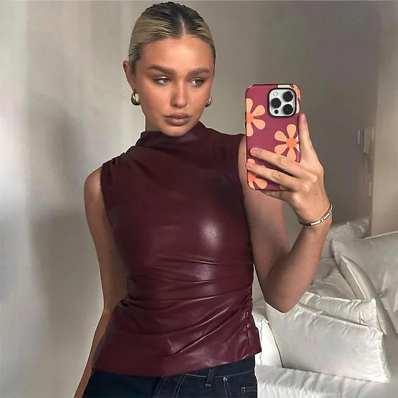 PU Leather Asymmetrical Sleeveless Top