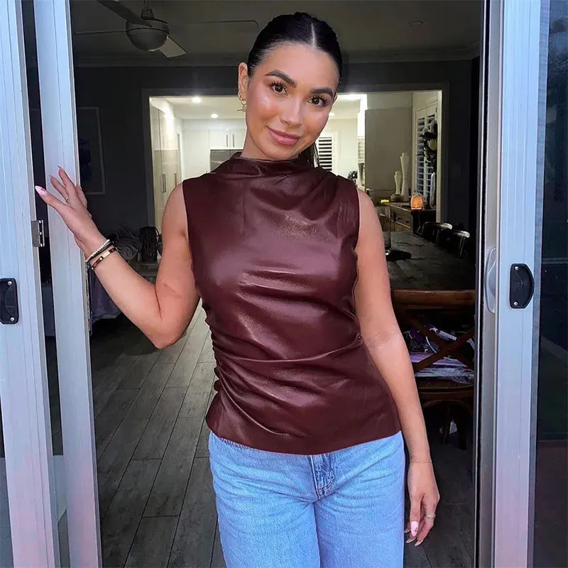 PU Leather Asymmetrical Sleeveless Top