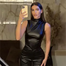 PU Leather Asymmetrical Sleeveless Top