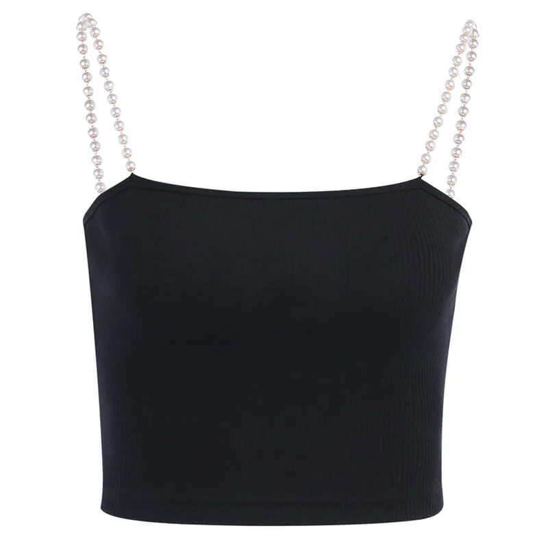 Sexy Black Pearl Backless Cropped Tank Tops