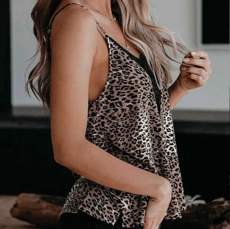 Sexy Leopard Spaghetti Strap Lace Patchwork Tank Tops