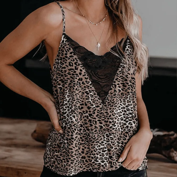 Sexy Leopard Spaghetti Strap Lace Patchwork Tank Tops