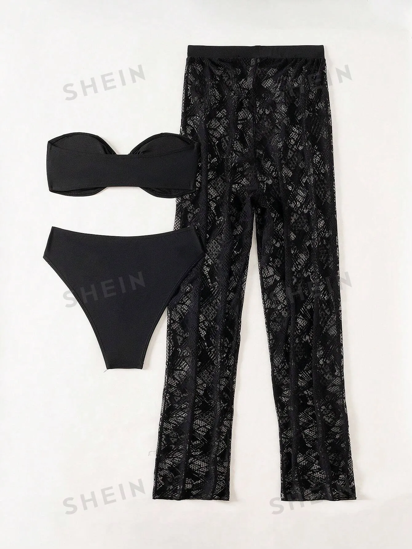 SHEIN Swim SXY Women's Solid Color Bandeau Bikini Set With Ruched Detailing For Summer Beach, Including Cover-Up And Long Pants, 3pcs
